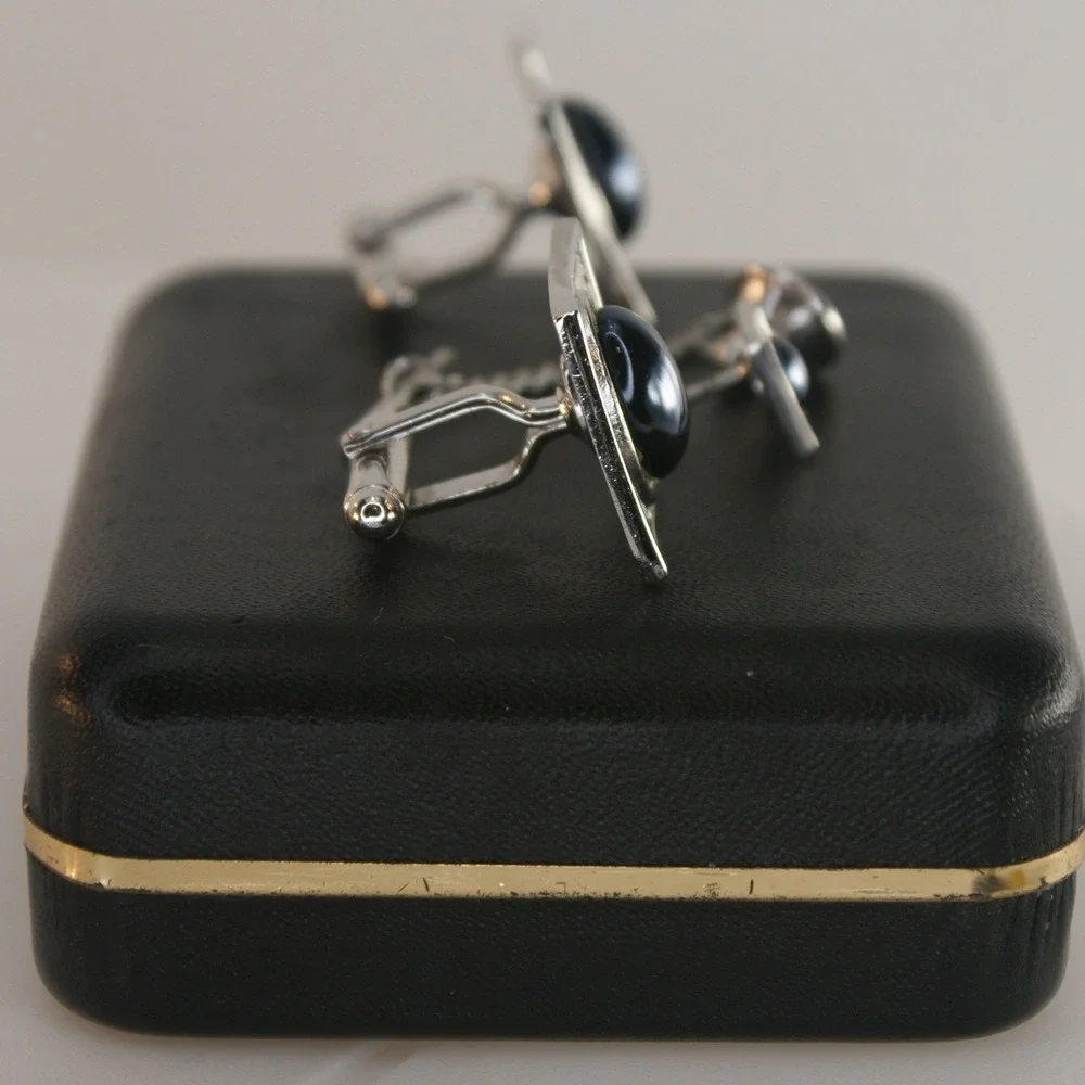 Vintage Sears Collectors Choice Mens Cufflinks & Tie Tac Silver Tone Black Stone